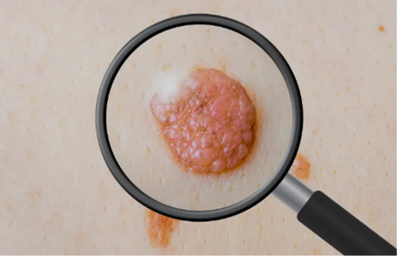 Close-up of a raised, textured skin growth being examined with a magnifying glass | Shine Dermatology
