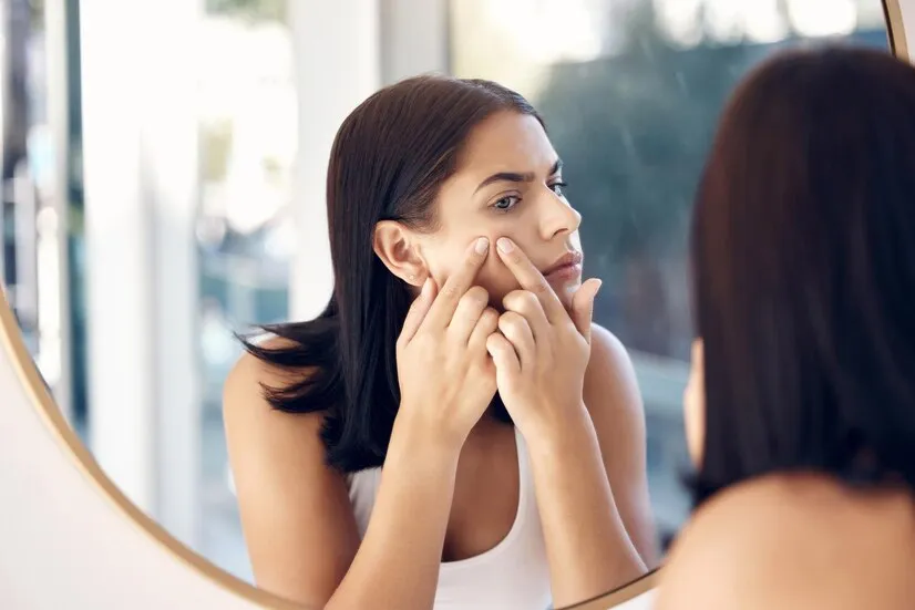A woman standing in front of a mirror, squeezing pimples on her face | Shine Dermatology