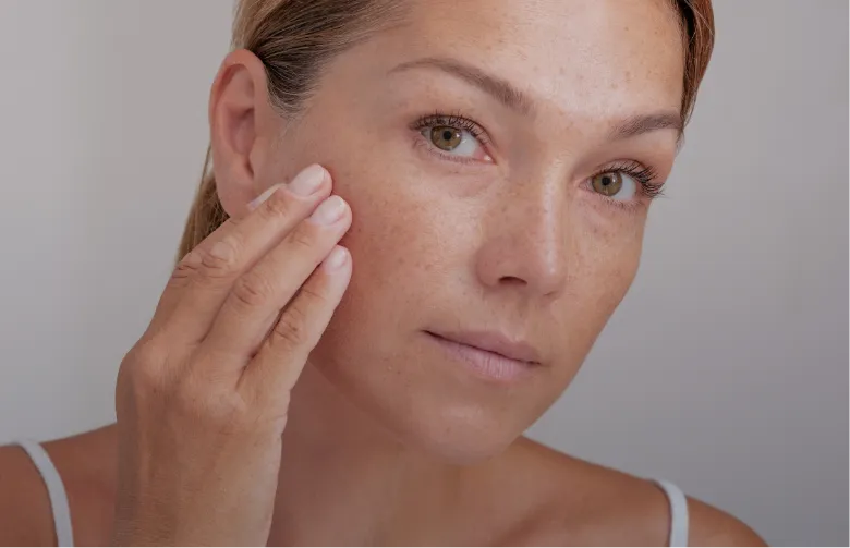 Woman with brown eyes touching her face while looking at facial pigmentation | Shine Dermatology